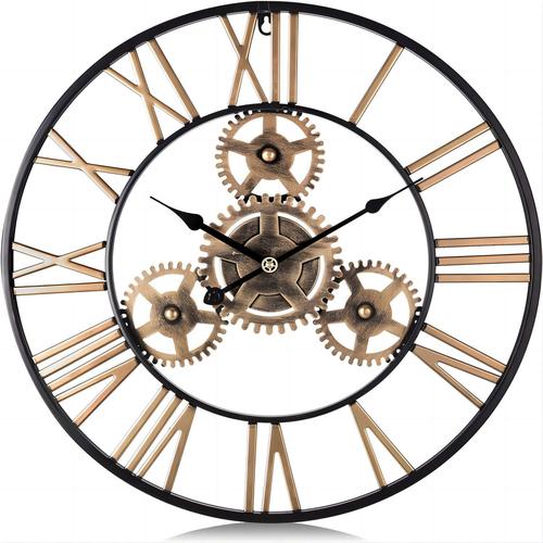 Horloge murale géante à engrenages métalliques industriels dorés, 50 cm, chiffres romains