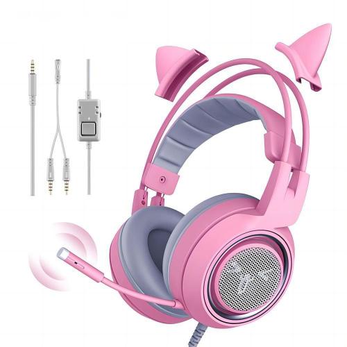 Casque de jeu rose avec réglage du volume du micro pour Xbox One, PS4, iPhone, PC, écouteurs à oreilles de chat amovibles pour filles et femmes, avec prise jack 3,5 mm
