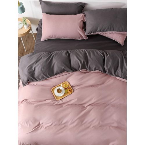 Cheng-Sets De Housse De Couette 220x240cm Rose Gris Unie Réversible Parure De Lit En Microfibre Avec Fermeture Éclair 2 Personnes Avec 2 Taie D'oreiller 65x65cm