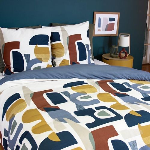 Cheng-Parure De Lit 220x240 Cm Imprimée Adulte - Housse De Couette 220x240 Cm + 2 Taies D'oreiller 63x63 Cm Motif Imprimé Géométrique Bleu Jaune ¿ Sets De Housse De Couette En Microfibre
