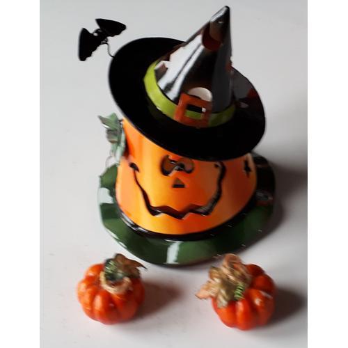 Photophore pour bougie chauffe-plat-modèle original-Chapeau Halloween dans son carton d'emballage (hauteur 16cm) avec 1 bougie citrouille ancienne mais neuve + 2 mini citrouilles à suspendre