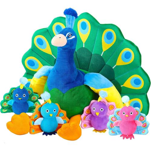 18 Pouces Animal Paon en Peluche Porte-Ventre avec 4 Petits Paons en Peluche ¿¿ Int¿¿rieur de Son Ventre ¿¿ Fermeture ¿¿clair Jouet Calin Jouet Animal Doux pour Cadeau d'anniversaire (Paon)