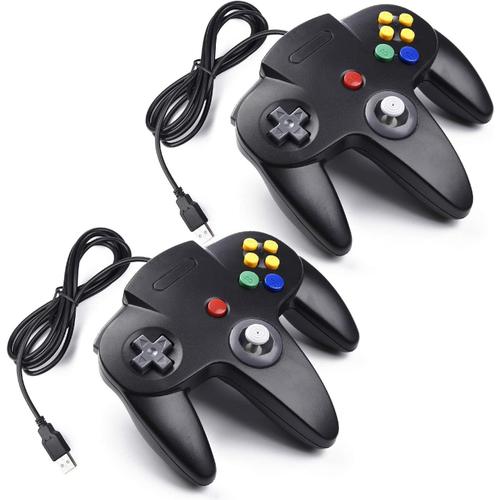 2x Manette De Jeu 64 N64 Usb Classique Gamepad Joystick Pour Windows Pc Mac (Noir 2 Pack)