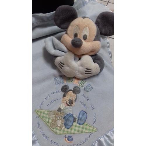 Doudou Mickey Grande Couverture Brodee Satin