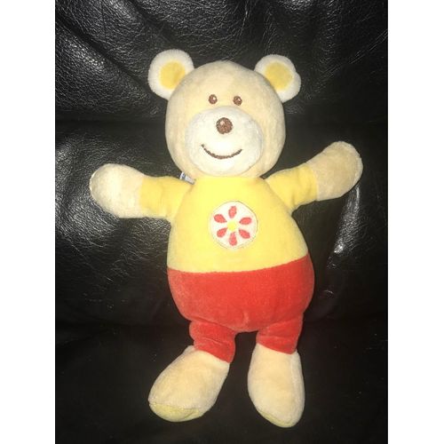 Doudou Peluche Ours Jaune Et Rouge Ajena Fleur 23cm