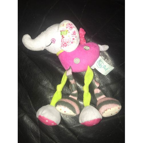 Doudou Peluche Éléphant Rose Pattes Verte Et Laine Rose Et Gris Baby Nat 20cm