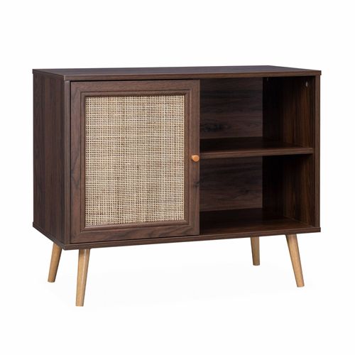 Meuble De Rangement En Cannage 80x39x65.8cm Bohème - Couleur Bois Foncé - 2 Niveaux - 1 Porte - Pieds Scandinaves