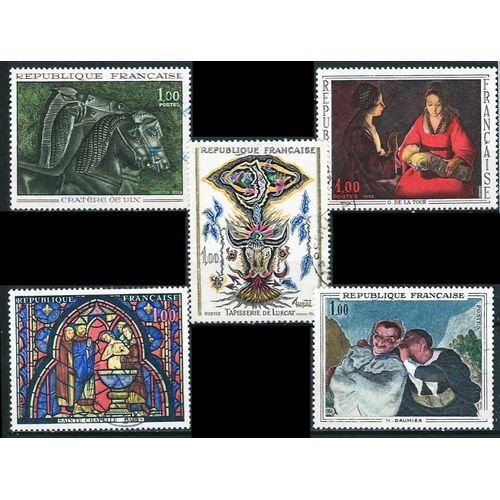 France 1966 Belle Série Complète, Timbres Yvert 1478 Vase Cratère De Vix 1479 De La Tour "Le Nouveau Né", 1492 Vitrail Sainte Chapelle 1493 Tapisserie Lurçat 1494 Daumier Crispin Et Scapin Obli Tbe