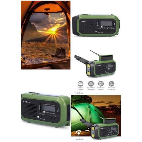 Radio Solaire portable sur batterie DAB+ FM Alimenté par pile + USB Réveil Noir / Vert 40 stations préréglées DYNAMO Manivelle