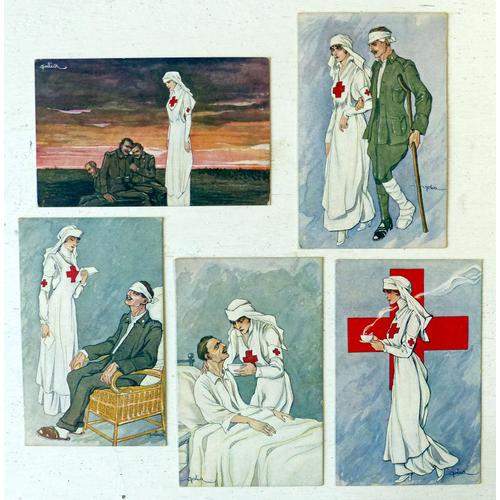 Lot De 5 Cartes Postales Anciennes Illustrées Par Golia (Eugenio Colmo) Montrant Des Infirmières Soignant Des Blessés Militaires (Militaria, Première Guerre Mondiale, Italie)