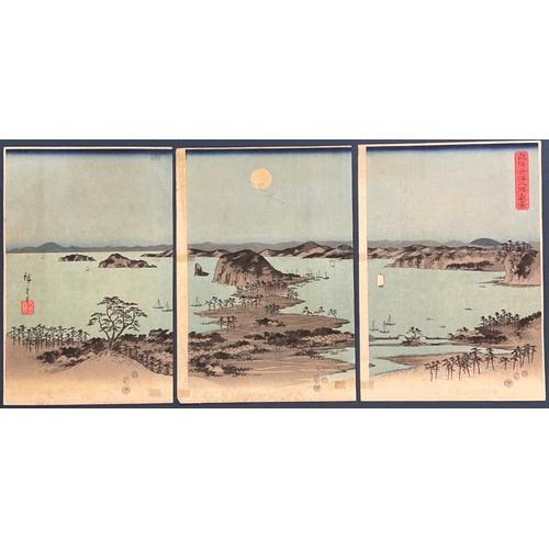 Véritable Triptyque D'estampes Japonaises De Hiroshige : "Vue Nocturne Des Huit Principaux Sites De Kanazawa"