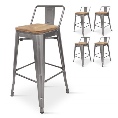 Kosmi - Lot De 4 Tabourets Style Industriel Avec Dossier En Métal Brut Aspect Galvanisé Et Assise En Bois Clair - Hauteur 76 Cm