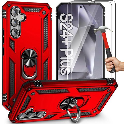 Coque Pour Samsung Galaxy S24 Plus (S24+) Avec 2 Verres Trempés, Coque Anneau Support Protection Renforcée Antichoc Rouge - E.F.Connection