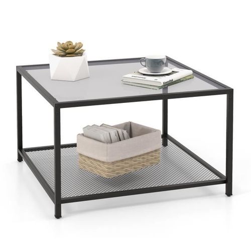 Costway Table Basse Carrée En Verre Trempé 2 Niveaux - Étagère En Maille, Cadre En Métal, Coussinets De Pieds Réglables - Gris+Noir