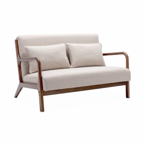 Banquette 2 Places Tissu Beige Pieds Bois D'hévéa Teinté Noyer Clair Droit Fixe Pieds Compas Scandinave