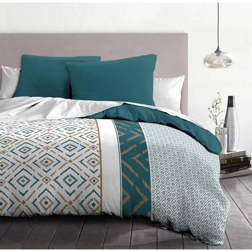 Parure De Couette Microfibre Ethno - 1 Housse De Couette 240x260 Cm + 2 Taies D'oreiller 63x63 Cm - Bleu Canard - Home Linge