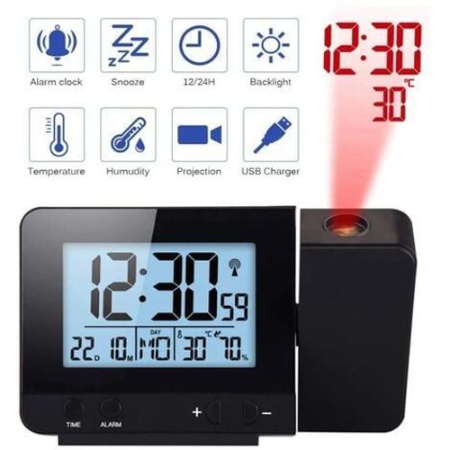 Réveil à projection pour chambre à coucher, réveil numérique avec grand écran LED et variateur d'intensité, projecteur 180°, chargeur USB, heure d'été 12/24h, Snooze, horloge murale de bureau pour enf