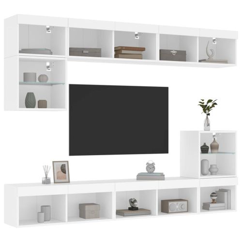 Vidaxl Unités Murales Tv Avec Led 8 Pcs Blanc Bois D'ingénierie