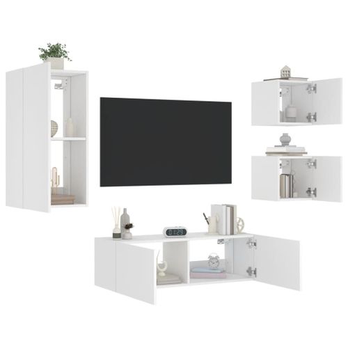 Vidaxl Meuble Tv Muraux 4 Pcs Avec Lumières Led Blanc