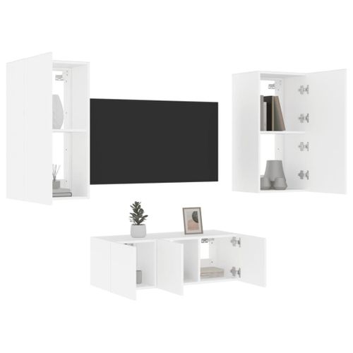 Vidaxl Unités Murales Tv Avec Led 4 Pcs Blanc Bois D'ingénierie