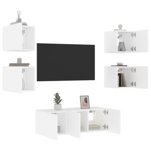 Vidaxl Unités Murales Tv Avec Led 6 Pcs Blanc Bois D'ingénierie