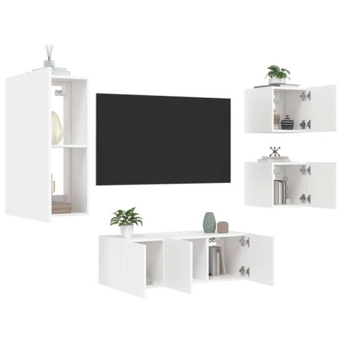Vidaxl Unités Murales Tv Avec Led 5 Pcs Blanc Bois D'ingénierie