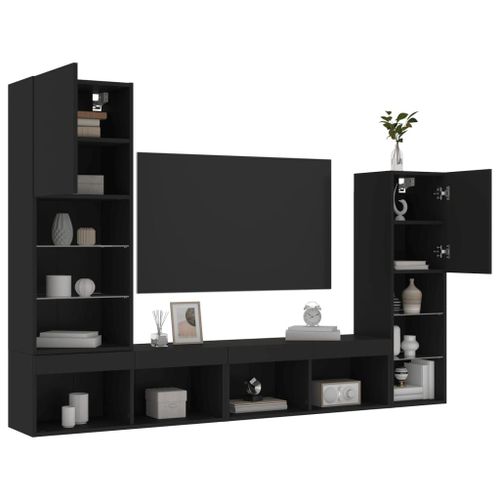 Vidaxl Unités Murales Tv Avec Led 4 Pcs Noir Bois D'ingénierie