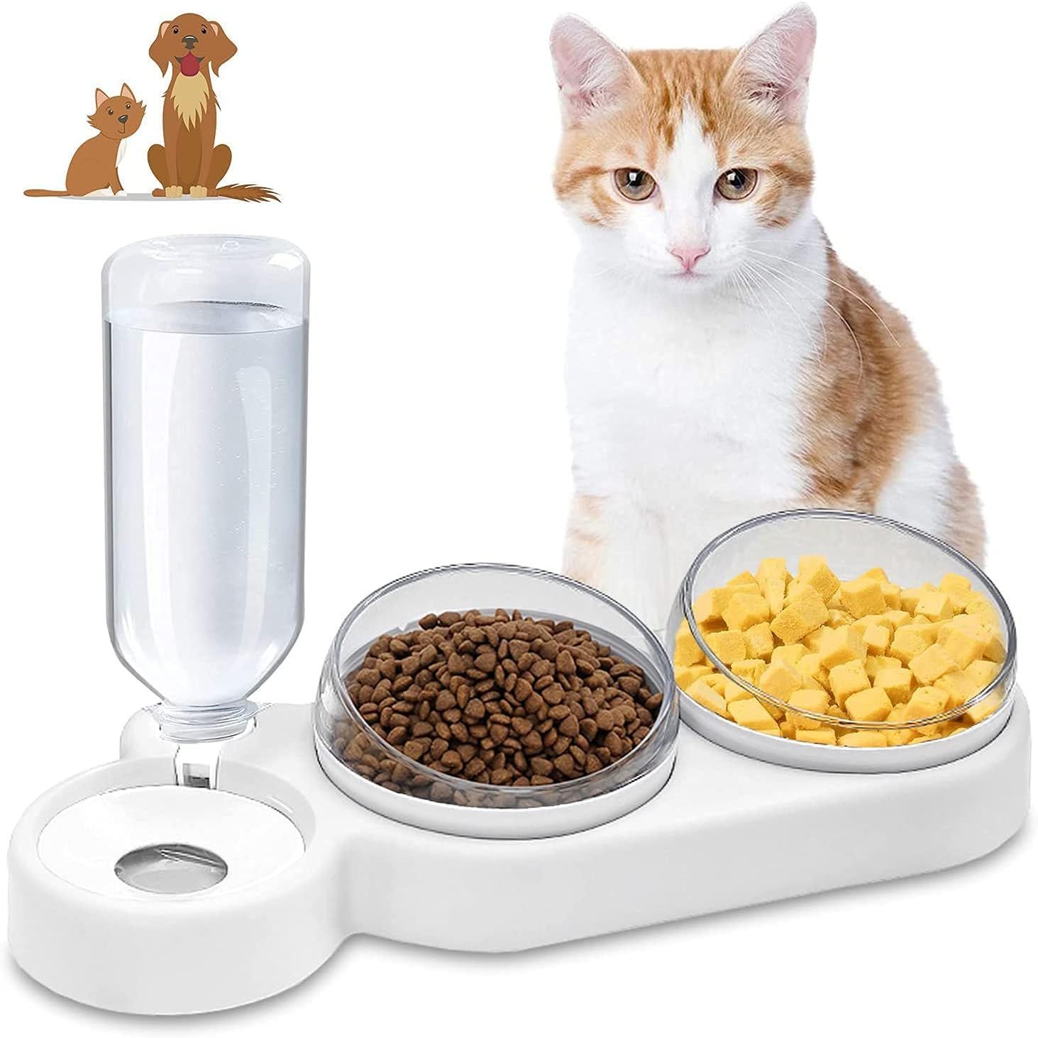 Gamelles Pour Chats, 3 En 1 À Stockage D'eau Automatique Bols Pour Chat, Inclinable À 15° Double Gamelle Chat Surélevée, Anti-Vomissements, Anti-Dérapant Bols De Nourriture Pour Animaux De Compagnie