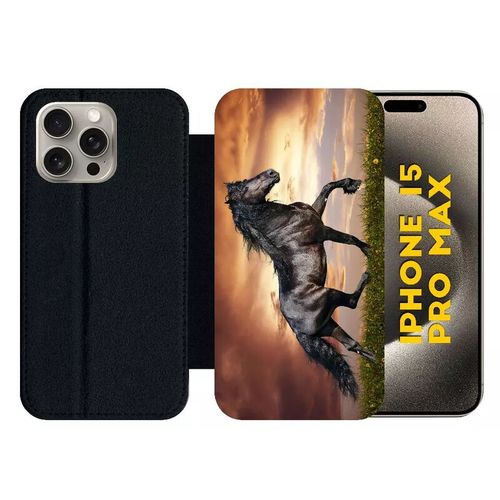Etui À Rabat Pour Iphone 15 Pro Max - Magnifique Cheval Noir - Silicone - Noir
