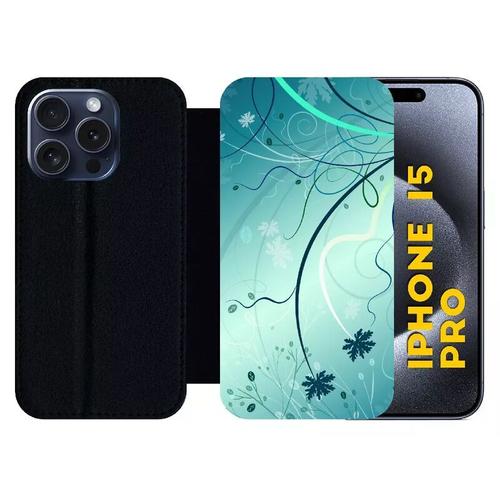 Etui À Rabat Pour Iphone 15 Pro - Abstrait Turquoise Fleur - Silicone - Noir