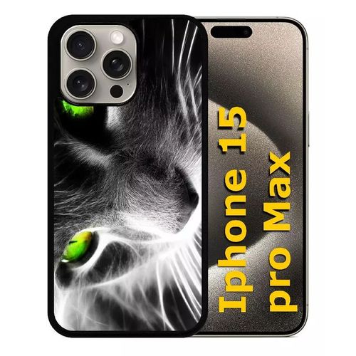 Coque Pour Iphone 15 Pro Max - Chat Noir Et Blanc Yeux Vert - Silicone - Noir