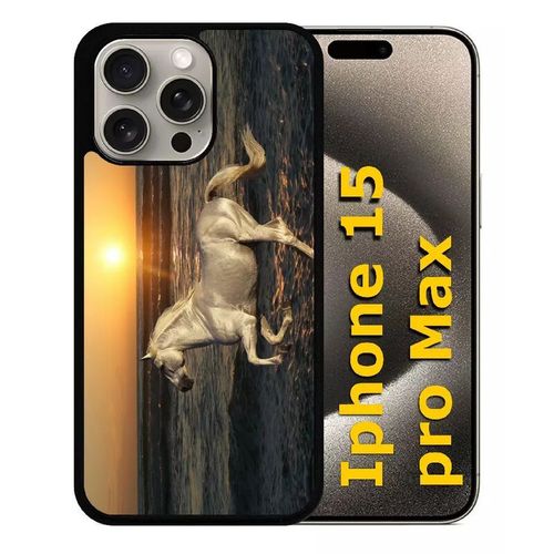 Coque Pour Iphone 15 Pro Max - Cheval Blanc Couché De Soleil Sur La Plage - Silicone - Noir