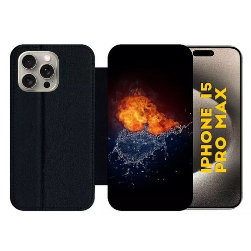 Etui À Rabat Pour Iphone 15 Pro Max - Duo De Coeurs Eau Et Flamme - Silicone - Noir