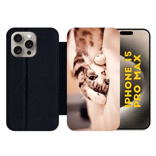 Etui À Rabat Pour Iphone 15 Pro Max - Chaton Fatigue - Silicone - Noir