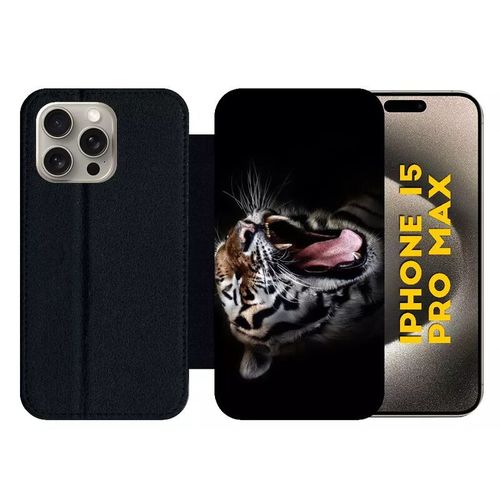 Etui À Rabat Pour Iphone 15 Pro Max - Tete De Tigre Sauvage - Silicone - Noir