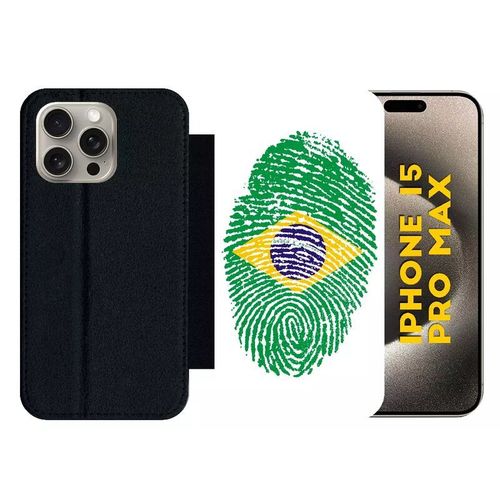 Etui À Rabat Pour Iphone 15 Pro Max - Empreinte Digitale Drapeau Bresil Brazil - Silicone - Noir
