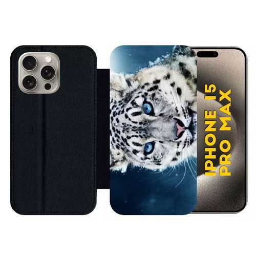 Etui À Rabat Pour Iphone 15 Pro Max - Tigre Blanc Yeux Bleus - Silicone - Noir