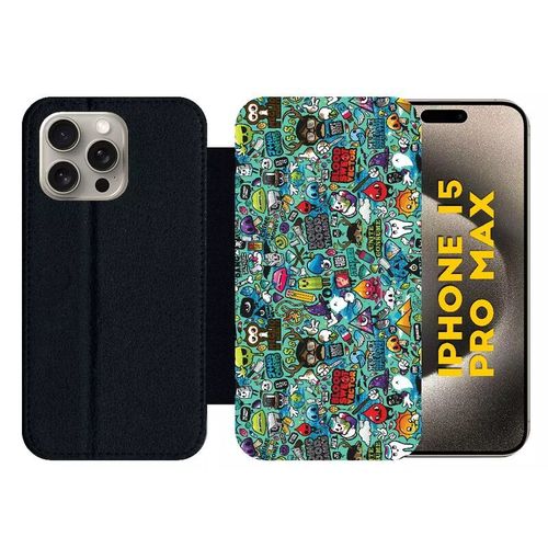 Etui À Rabat Pour Iphone 15 Pro Max - Pop Art Retro - Silicone - Noir