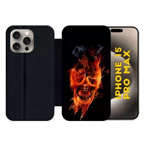 Etui À Rabat Pour Iphone 15 Pro Max - Crane En Feu Fire Skull - Silicone - Noir
