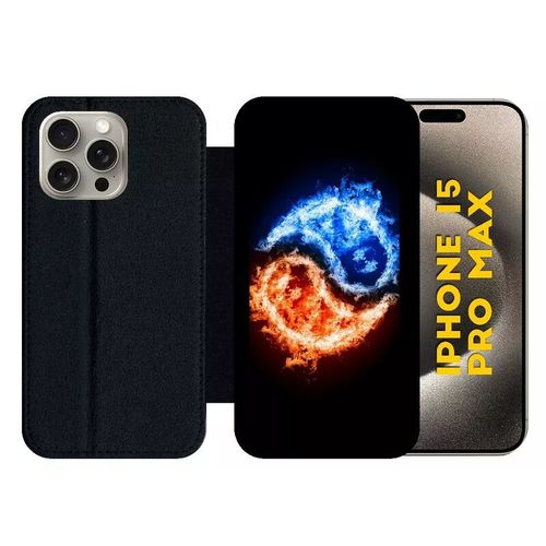 Etui À Rabat Pour Iphone 15 Pro Max - Yin Yang Feu Et Eau - Silicone - Noir
