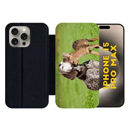 Etui À Rabat Pour Iphone 15 Pro Max - Chien Et Petit Chevreuil - Silicone - Noir