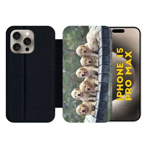 Etui À Rabat Pour Iphone 15 Pro Max - Chiots Golden Retriever - Silicone - Noir