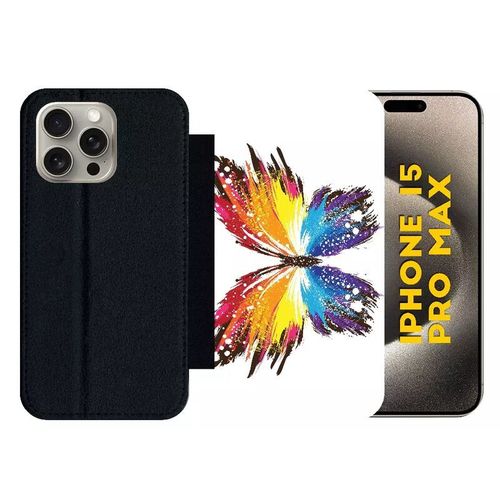 Etui À Rabat Pour Iphone 15 Pro Max - Papillon Multicolor - Silicone - Noir