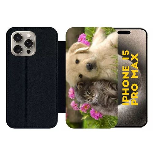 Etui À Rabat Pour Iphone 15 Pro Max - Chiot Golden Retriever Et Chaton - Silicone - Noir