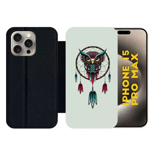 Etui À Rabat Pour Iphone 15 Pro Max - Dreamcatcher Hibou Tribal - Silicone - Noir