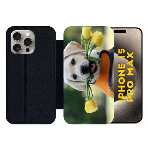 Etui À Rabat Pour Iphone 15 Pro Max - Chiot Labrador Avec Roses Jaunes - Silicone - Noir