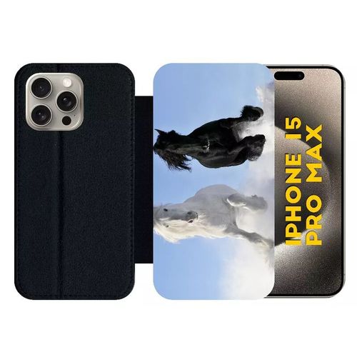 Etui À Rabat Pour Iphone 15 Pro Max - Chevaux Blanc Et Noir Dans La Neige - Silicone - Noir