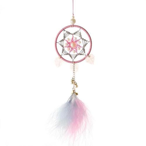 Attrape-rêves fait à la main en plumes, rétroviseur intérieur de voiture, petit pendentif de voiture Boho, décoration murale à suspendre (heptagramme-rose)