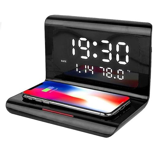 Réveil numérique avec station de charge Qi, chargeur sans fil 10 W avec réveil compatible pour Huawei Mate P30 Pro/20 Pro, Galaxy S20/s10/s9/s8, I