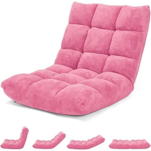 Costway Chaise De Sol Pliable - Dossier Inclinable Sur 14 Positions, Coussin De Sol Pour Lecture, Relax, Méditation Rose